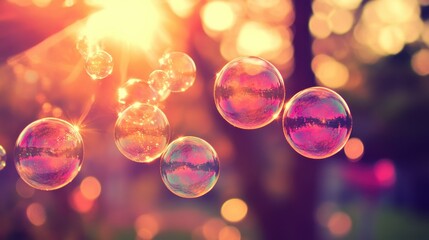 Poster - Several iridescent soap bubbles are floating with a sunlight background
