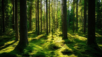 Poster - Dense evergreen forest with sunlight illuminating the green undergrowth below
