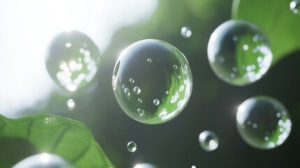 Poster - Clear Transparent Water Droplets Appear Floating In The Green Foliage