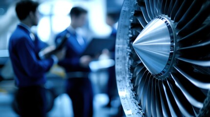 Poster - Engineers Inspecting Jet Engine Turbine Blades Discussing Technical Information