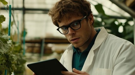 Poster - A man in a lab coat observes a tablet in a greenhouse