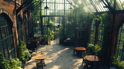 Poster - A sunlit indoor greenhouse cafe with tables and chairs