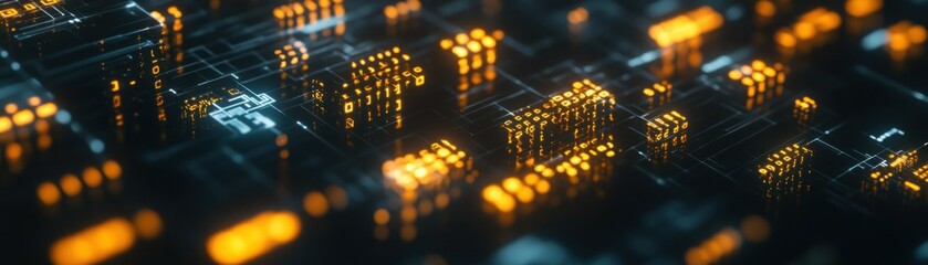 Poster - Glowing electronic components creating a digital circuit board appearance