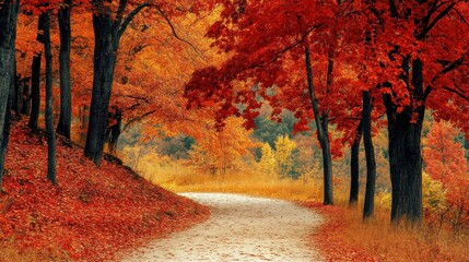 Poster - a winding pathway passes through a forest of autumn colored trees