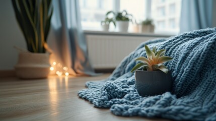 Poster - A cozy indoor scene showing plants and knitted fabric blanket