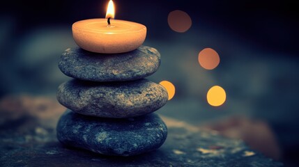 Poster - A lit candle rests on a stack of smooth grey stones