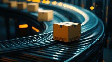Poster - Cardboard boxes are moving along a curved automated conveyor belt