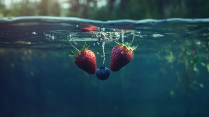 Poster - Red Strawberries and a Blueberry Submerged in Clear Water