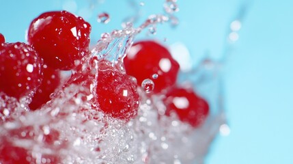 Poster - Red berries splashing in water against a bright blue background