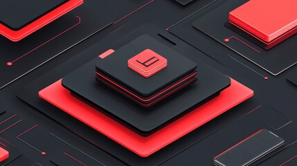 Poster - Abstract isometric arrangement of black and red rectangular shapes