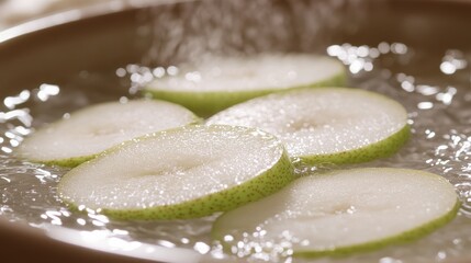 Poster - Sliced pears being gently submerged into a simmering liquid