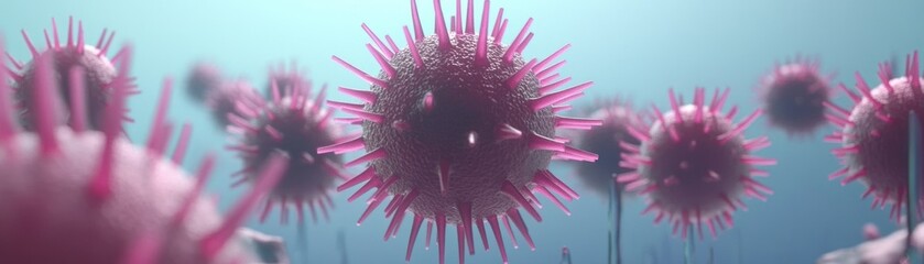 Poster - Pink viruses display their structure with spiky projections and depth