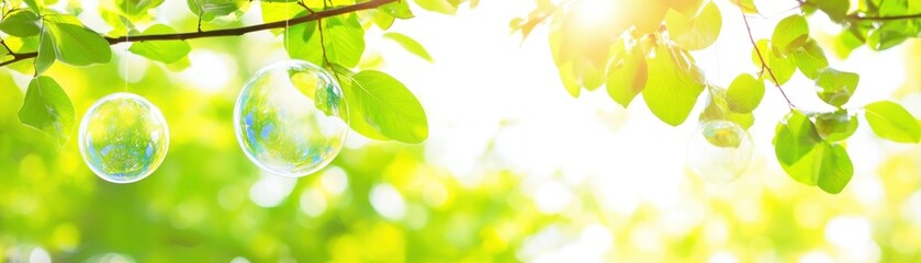 Poster - Bubbles hanging from a green tree branch with sunlight shining through