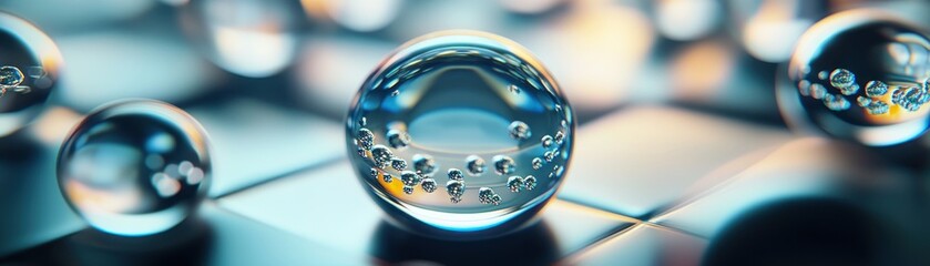 Poster - Crystal clear spheres with tiny internal bubbles arranged in a row