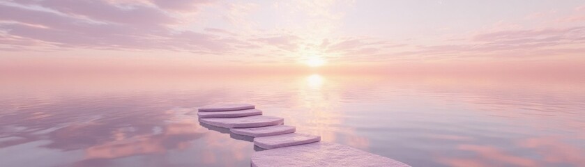 Poster - Stone steps lead towards the sun reflecting on water surfaces