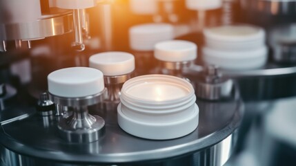 Aufkleber - Machine filling white cream jars on an assembly line
