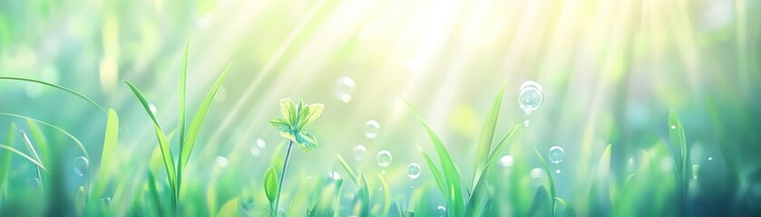 Poster - Bright sunlight shines through green grass and delicate bubbles