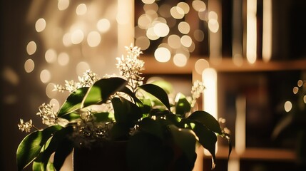 Poster - Green Plant With White Flowers Illuminated By Ambient Lighting