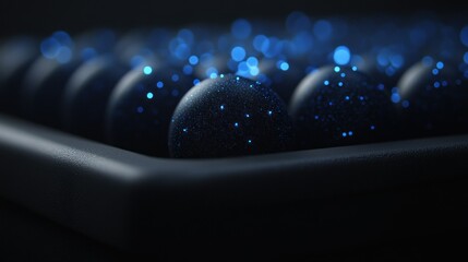 Poster - Dark spheres inside a tray illuminated by glowing blue lights