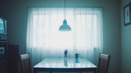 Aufkleber - A Dining Table Set Beneath a Hanging Light Source in a Room