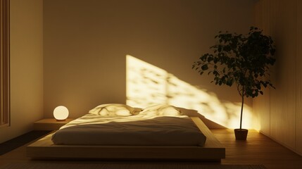 Poster - A minimalist bedroom with a bed and natural light exposure