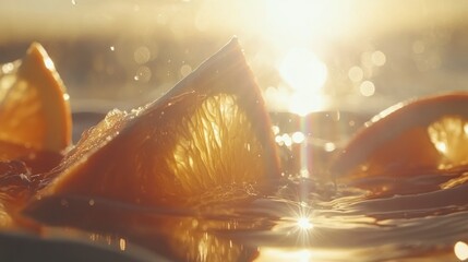 Poster - Fresh Orange Slices Floating in Water Under Bright Sunlight