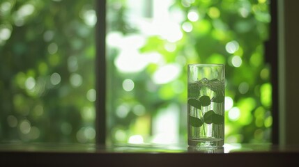 Poster - A glass of water with leafy greens on a windowsill