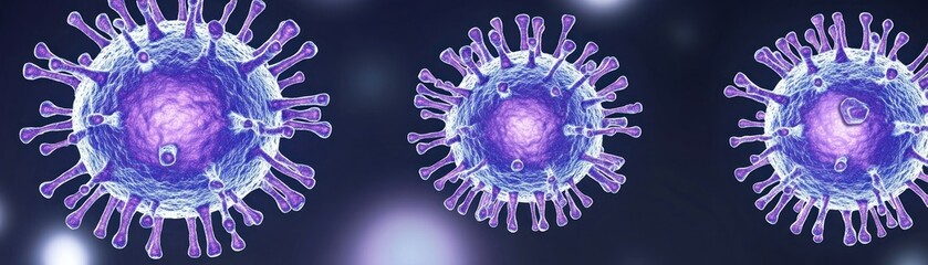 Poster - Several virus particles are depicted with spikey protrusions in a row