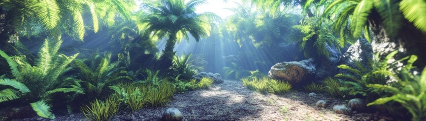 Poster - A lush verdant forest path bathed in sunlight beams and shadows