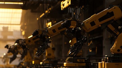 Poster - Robotic arms are shown working inside an industrial factory