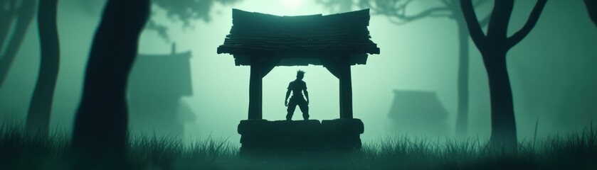 Poster - A silhouetted person stands atop a weathered well structure in the mist