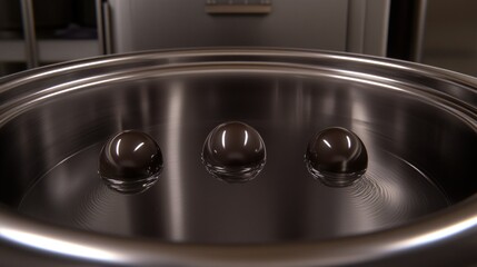Poster - Three glossy spheres are centered in a metal bowl with reflections
