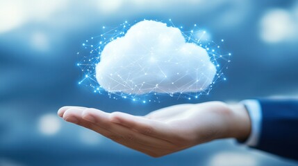 Poster - Human Hand Holding Floating Cloud Surrounded By Technology Elements