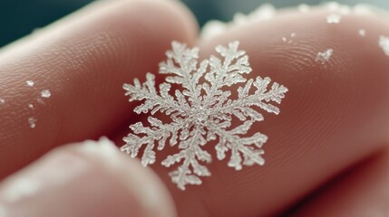 Poster - A Delicate Snowflake Gently Resting Upon Human Finger Skin