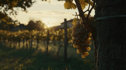 Poster - Sunlight illuminates ripe grapes hanging on a vine by a tree