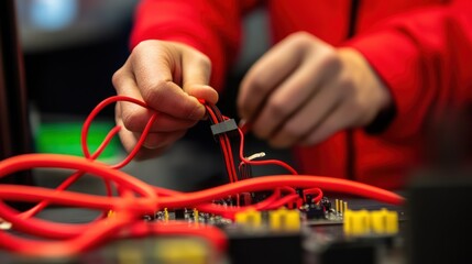 Poster - A person connects red cables to a circuit board for assembly