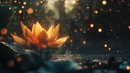 Poster - A Glowing Lotus Flower Blooms Amidst Forest Ambient Light