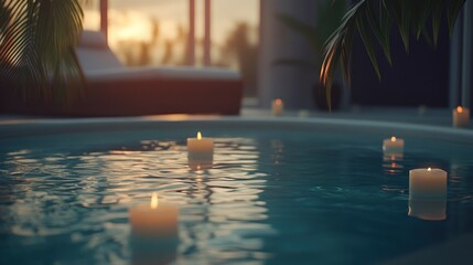 Poster - Relaxing spa pool with floating candles and natural light