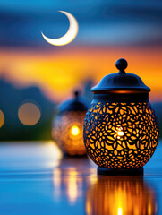 Wall Mural - serene ramadan lanterns with crescent moon at sunset, perfect for holiday decoration and celebration