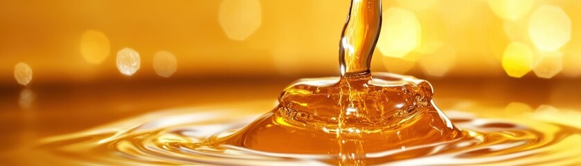 Poster - Golden liquid pouring and creating ripples on surface in macro detail