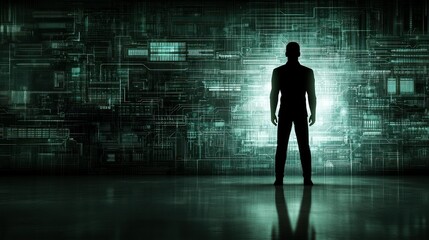 Poster - A Silhouette Of A Man Stands Facing Technology Design