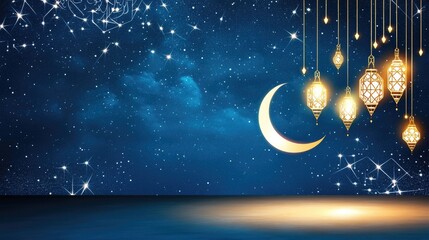 Wall Mural - enchanting night sky with crescent moon and illuminated lanterns for festive ramadan design