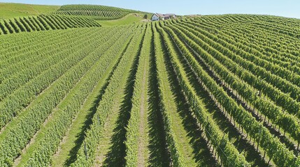 Poster - Expansive green vineyard rows ascending a gentle rolling hillside under the sun