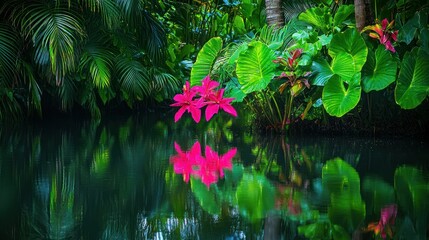Poster - Pink flowers and green foliage reflected in dark still water