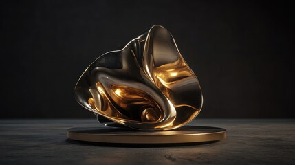 Poster - A polished metallic abstract sculpture sits upon a circular platform