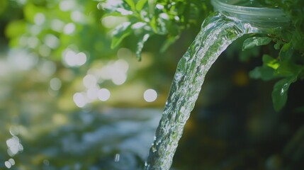 Poster - Flowing water cascades downwards from a plastic container into a stream