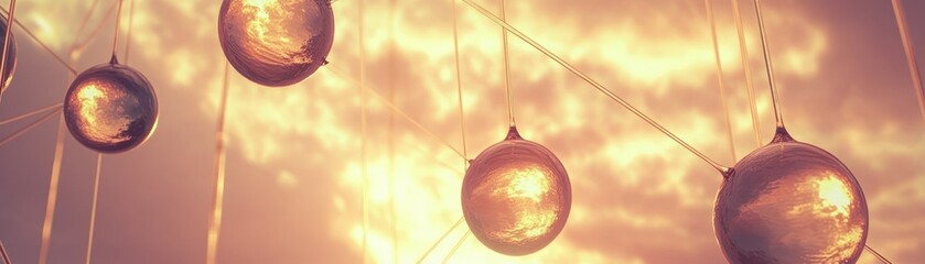 Poster - Decorative orb pendants hanging in front of a warm sky background