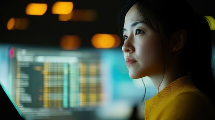 Poster - A woman observes a computer screen with focused attention and intensity