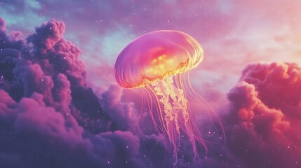 Poster - A glowing jellyfish floats through a purple and pink dreamscape