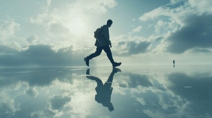 Poster - A lone person walks across a flat reflective water surface